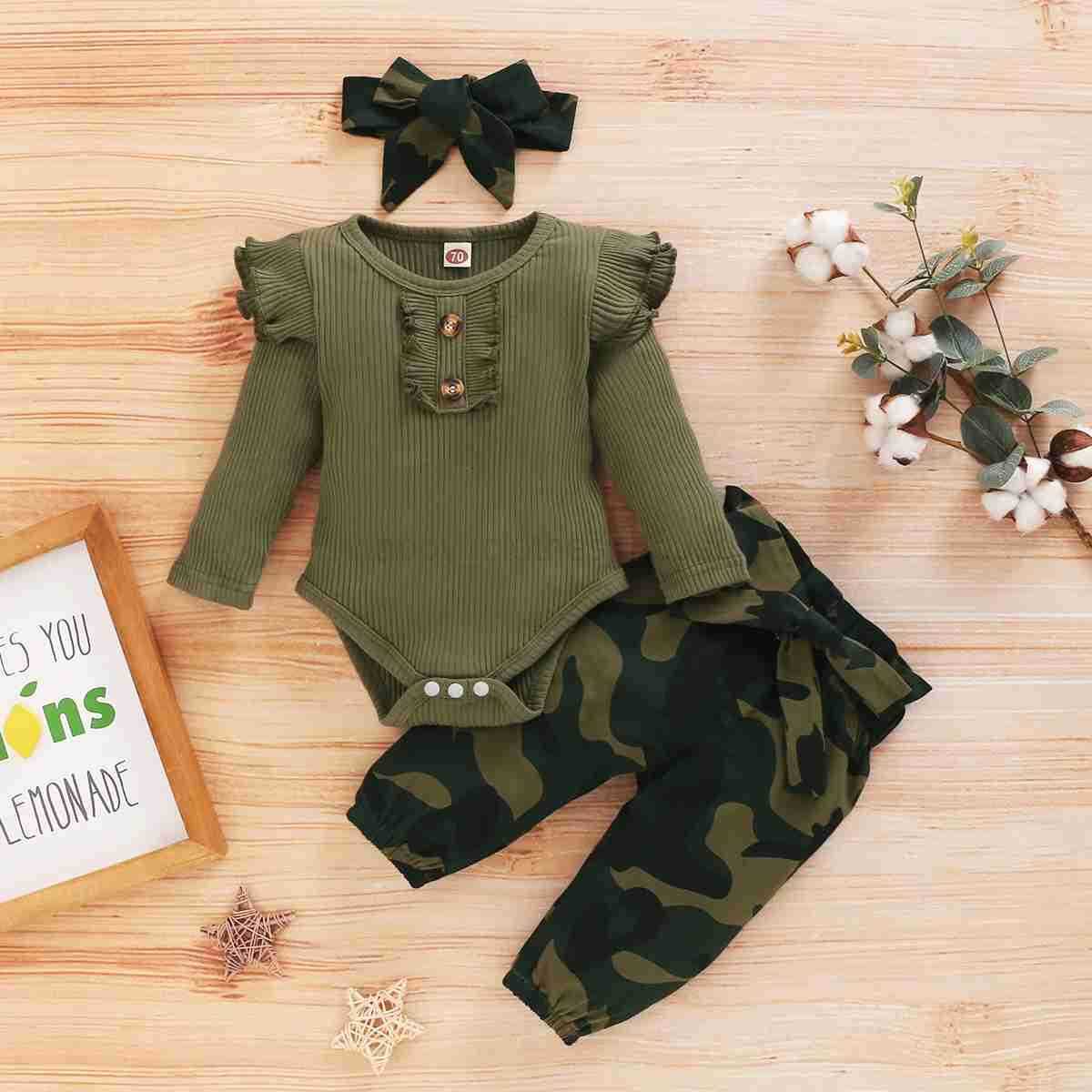 Newborn Baby Camouflage Clothing Set with Headband Toddler Girls 3Piece Outfit Knitted Sets for Baby Long Sleeve Fall ClothingXJ241205