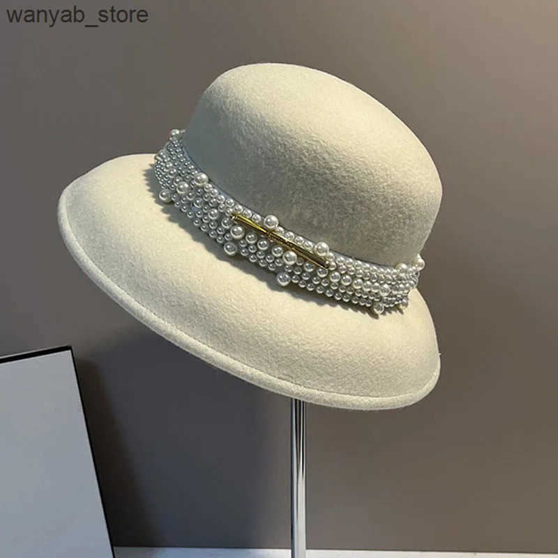 Cloches White black winter womens wool hat bowling hat with peanut belt womens church hat wedding charming hat L240910