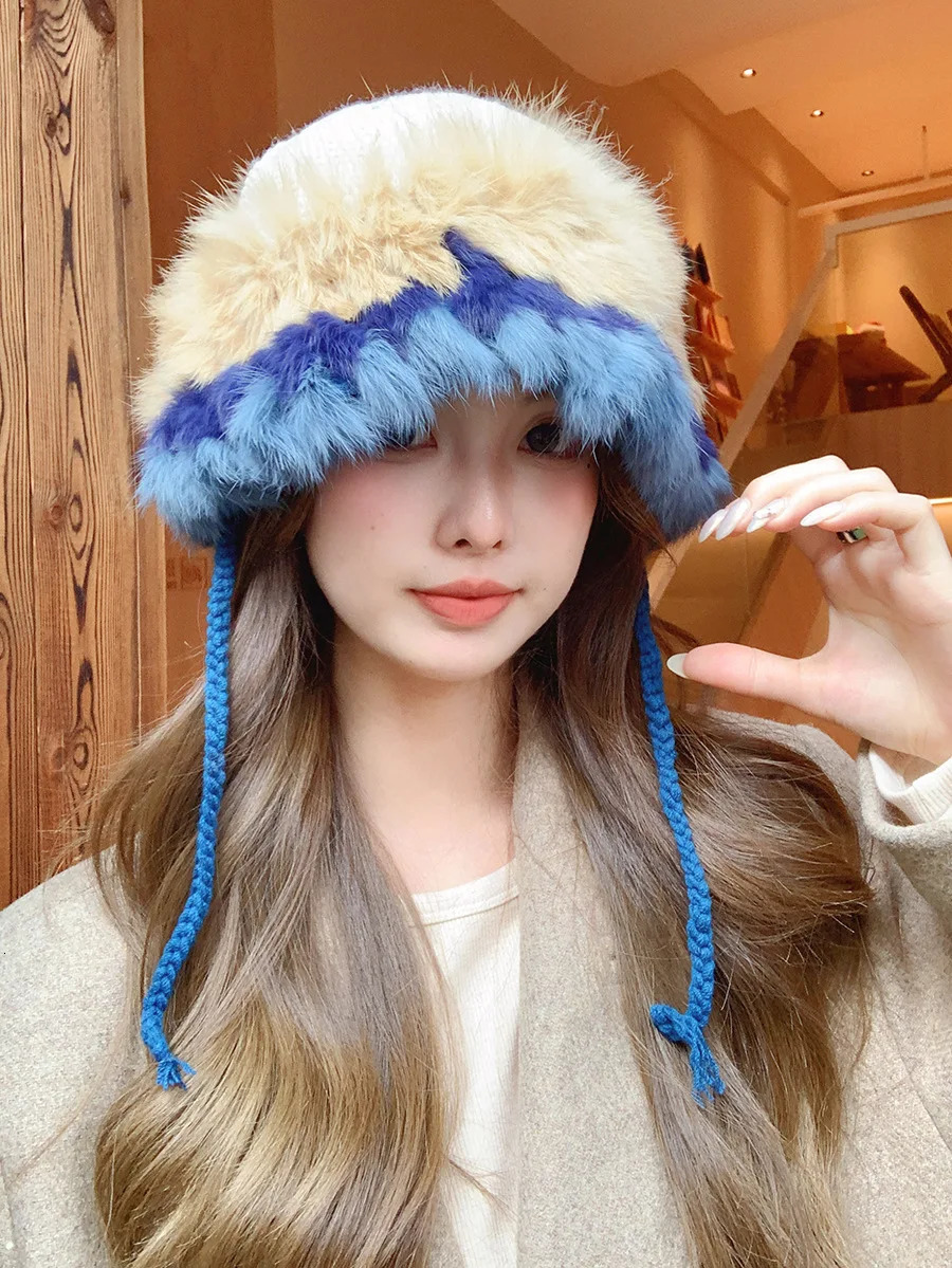 Autumn and Winter Dopamine Stripe Patch Colorful Rabbit Hair Handmade Knitted Hat Womens Display Mini Winter Warm Hat 241205