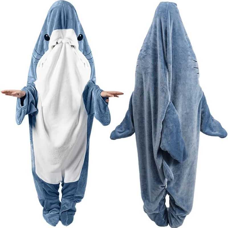 Pajamas New Cartoon Blue Gray Shark Blanket Sleeping Bag Pajamas Halloween Sleeping Suit Child Adult Plush Hoodie Fish Cosplay Costume H241205