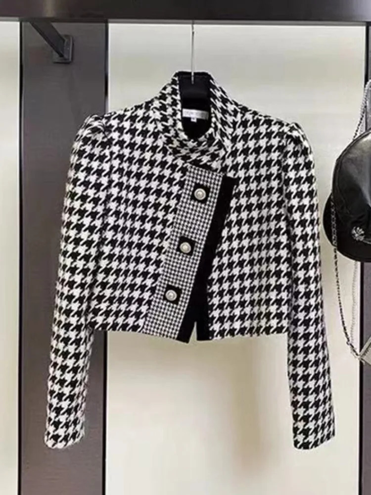 Houndstooth retro tweed jacket coat autumn winter fashion high street small perfume wool jacket 241205