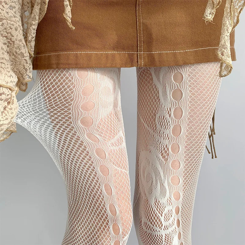 Womens Tight Clothing Hollowed Out Black White Fishnet Stockings SeeThrough Brown Lolita Sexy JK Internet 241204