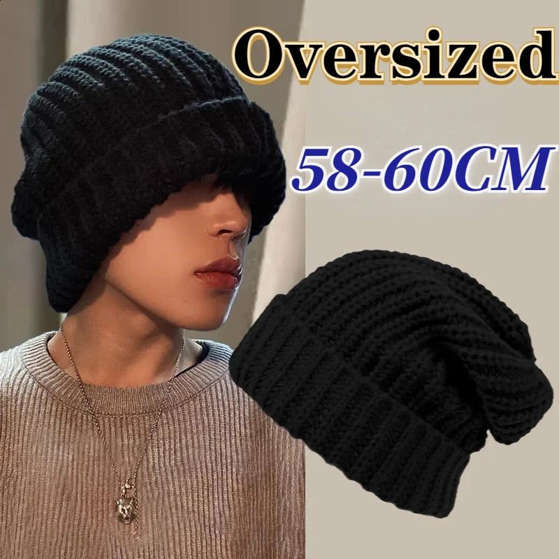 Korean Oversized Big Szie Knitted Hat Mens Winter Large Size 58cm 60cm Warm Cold Ear Protection Beanies Skull Hat Womens 241205