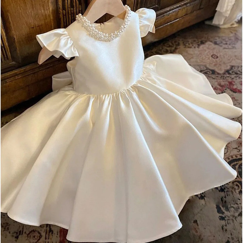 HETISO Baby Dresses for Wedding Pearl Necklace Girl Kids Dress White Toddler Clothes Elegant Birthday Gown 1-8 Years R250424