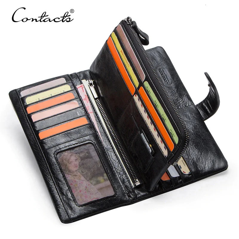 CONTACTS Genuine Leather Mens Long Wallet With Phone Bag Zipper Coin Pocket Purse Male Clutch Wallets For Men Portfel Small 241204