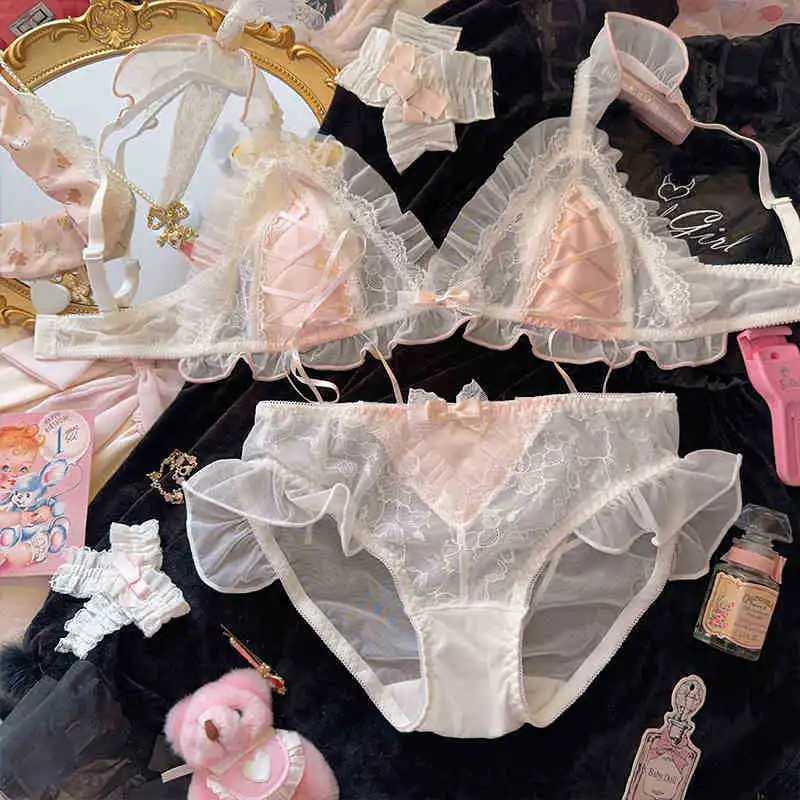 Sexy Bra Lolita Girl Thin Lace Rabbit Ears Cup Small Chest Underwear Female Large Breasts Show Small Triangle Cup Bra Set SexyXJ241205