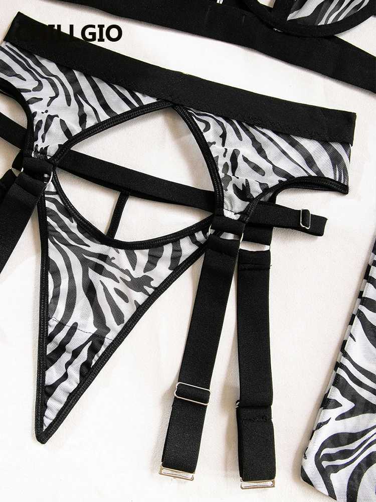 LLGIO Women Zebra Print Bra Brief Suits Sexy Bodycon Intimate Erotic Lingerie Four Pieces Transparent Push Up Underwear SetsXJ241205