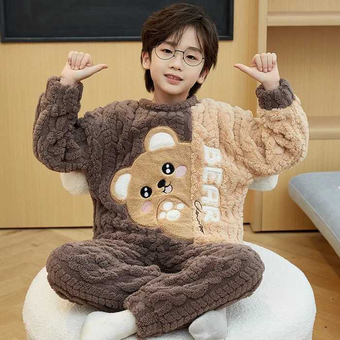 Pajamas Winter Warm Teenage Pajamas Animal Cartoon Kids Pijamas Set Coral Fleece Plush Home Clothes Suit Thicken Flannel Boys Sleepwear H241205