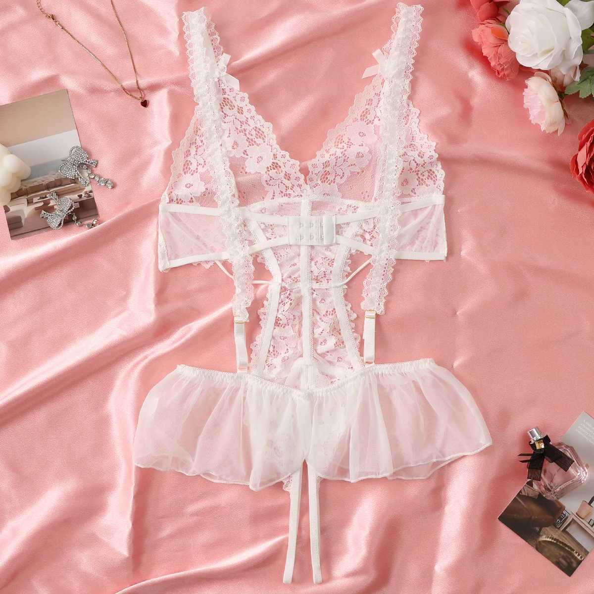 Sexy Crotchless Lingerie Women Lace Hollow Floral Bodysuit Exotic Pajamas Teddy Babydoll Dress Deep V Open Bra Underwear SetXJ241205