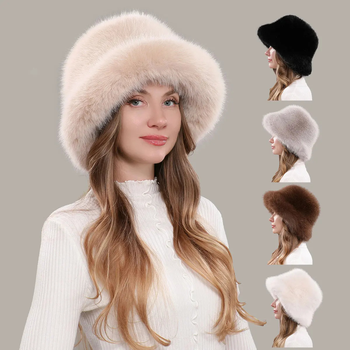 womens fluffy faux fur bucket hat fox fur warm womens winter hat thickened cold snow Panama hat 241205