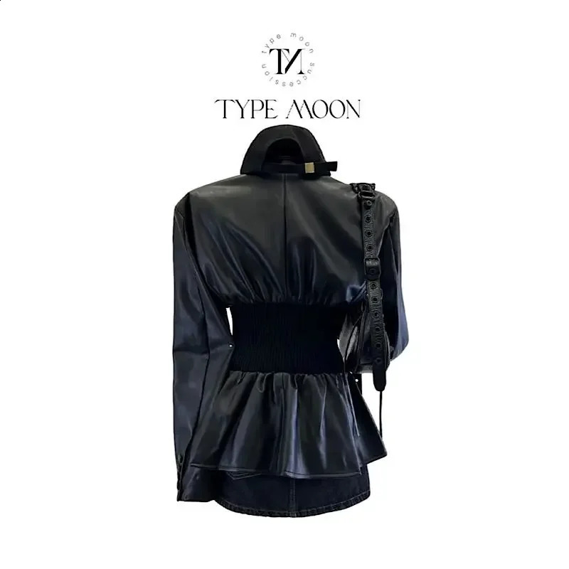 Korean fashion black PU leather jacket womens top autumn/winter set collar waist slimming high-end set jacket womens clothing 241205