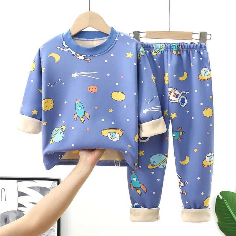Pajamas Kids Warm Pajama Sets Autumn Winter Plus Velvets Clothing Suits Boys Girls Fashion Print Pullover+Pants 2Pcs Outfits 1-14 Years H241205