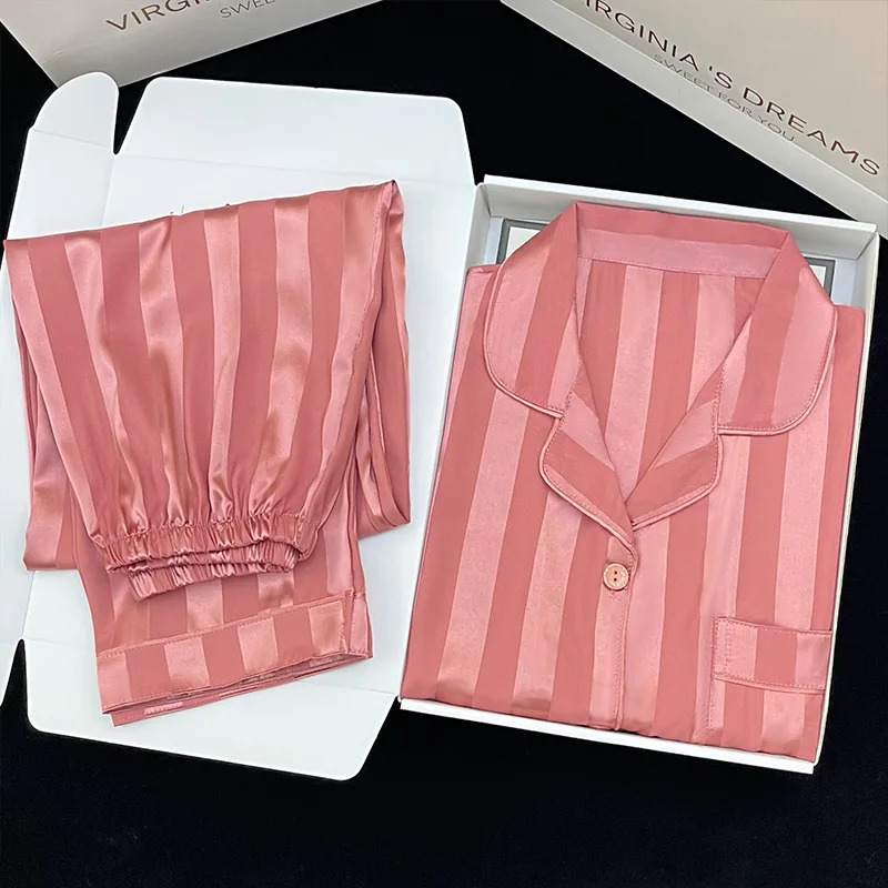 Womens Pajamas Sets Spring Autumn 2 Piece Striped Pyjama Faux Silk Satin Sleepwear Long Sleeve Button Pijama Mujer Pjs Homewear 241204