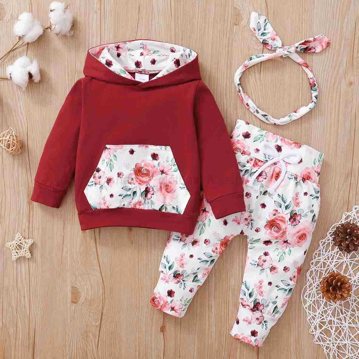 2PC Female baby Hooded Flower Long Sleeved Top+Printed Pants+Bow Headband 0-18 Months Baby Girl Autumn Sports and Leisure SetXJ241205