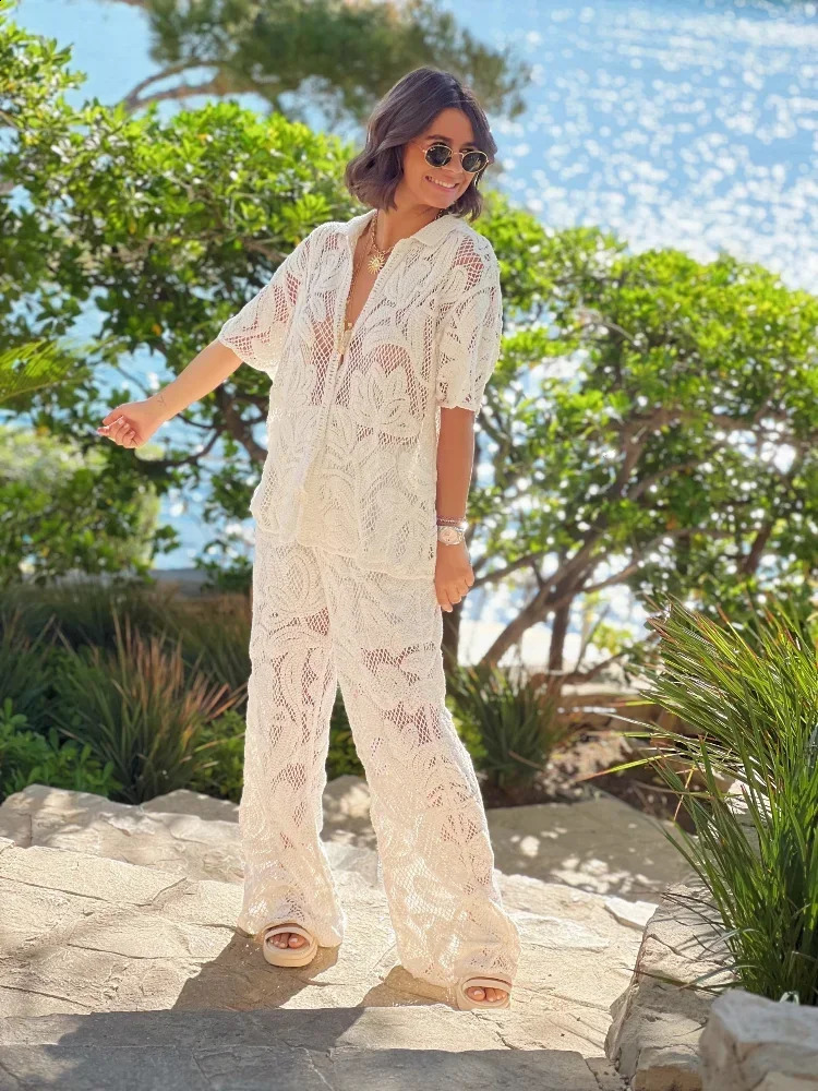 Casual Crochet Hollowed Out Shirt Pants Suit Fashion Single Breasted Lapel Top Wide Leg Sets 2024 Lady Outfits 241205