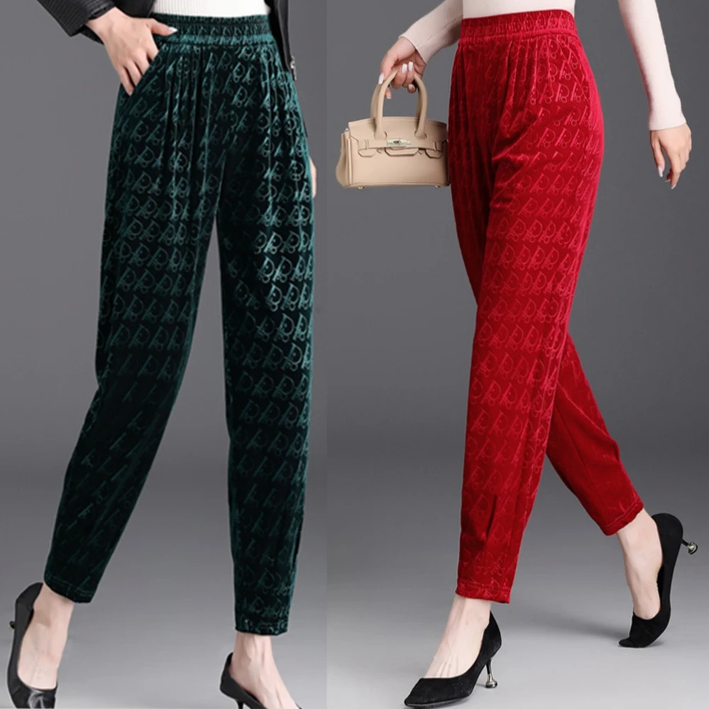 High quality red velvet Korean fashion Haren pants autumn and winter high waisted elastic waist casual womens pants 241202