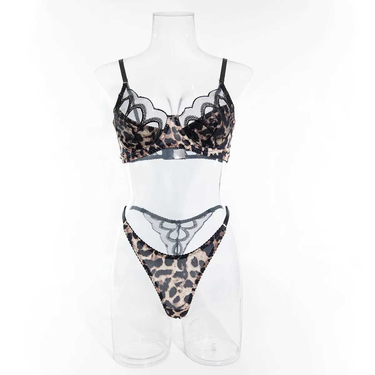 Leopard Print Lingerie Set 2-Piece Sheer Embroidery Bra + Brief Underwear Set Sexy IntimatesXJ241205