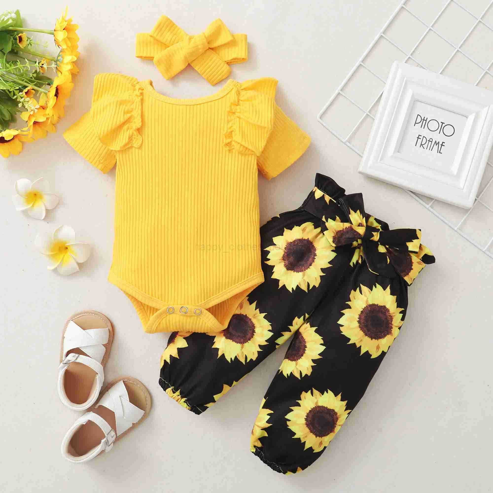 0-2 Year Old Newborn Baby Girls Summer Round Neck Short Sleeve Jumpsuit With Flower Printed Pants Cute Fashion SetXJ241205