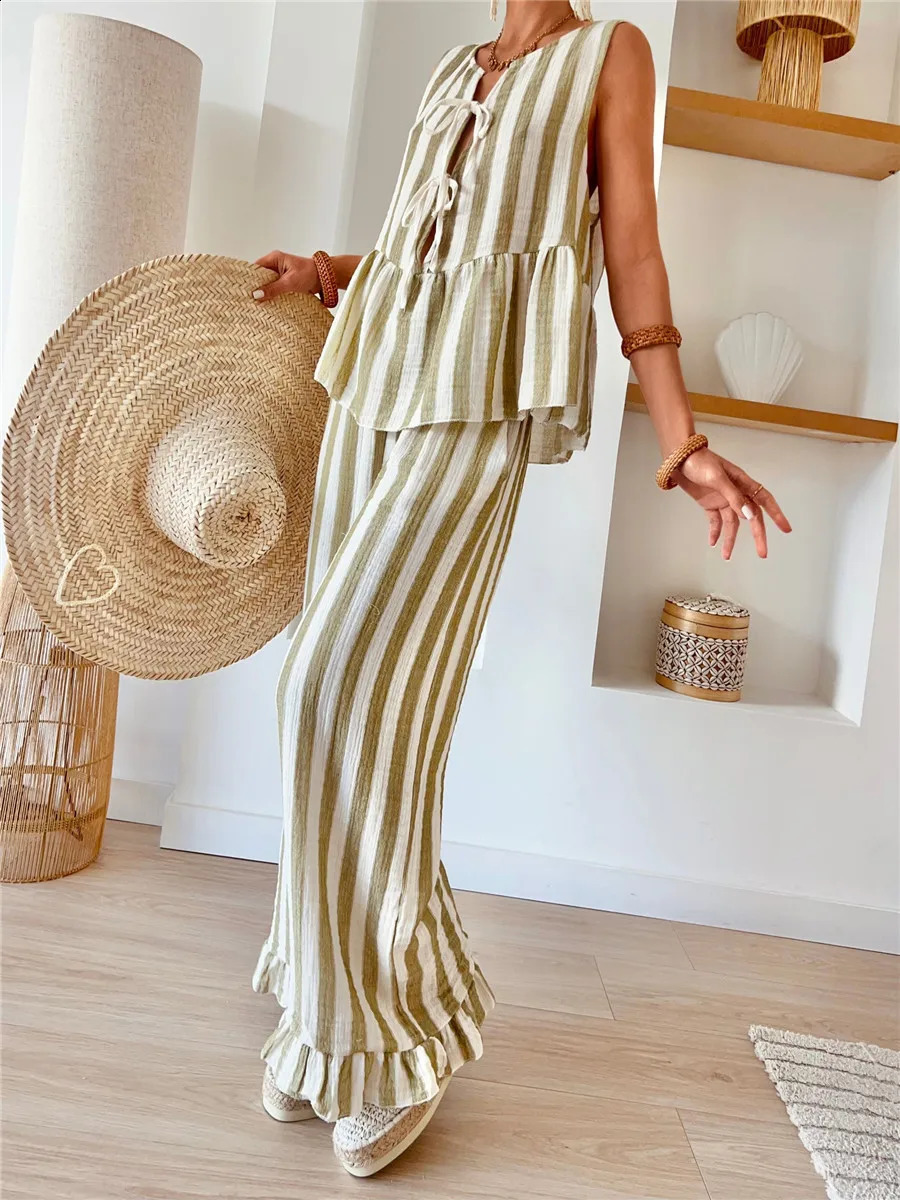 Striped Tie Waist Vest 2 Pieces Set Summer Casual Sleeveless Loose Tank Tops Elastic Ruffles Hem Wide Leg Pants Outfits 241205