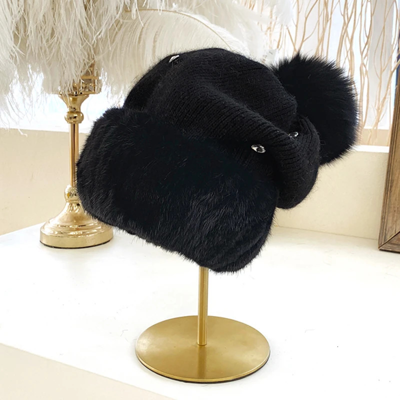 selling winter hats natural mink fur womens knitted hats fox fur fluffy real fur hats warm womens mink fur hats 241205