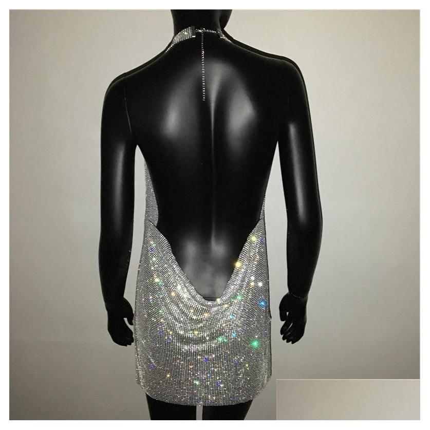 Basic Y Deep V Neck Crystal Dress Women Rhie Halter Dance Party Diamante Backless Split Mini B3 Drop Delivery Apparel WomenS Cloth Otoa9