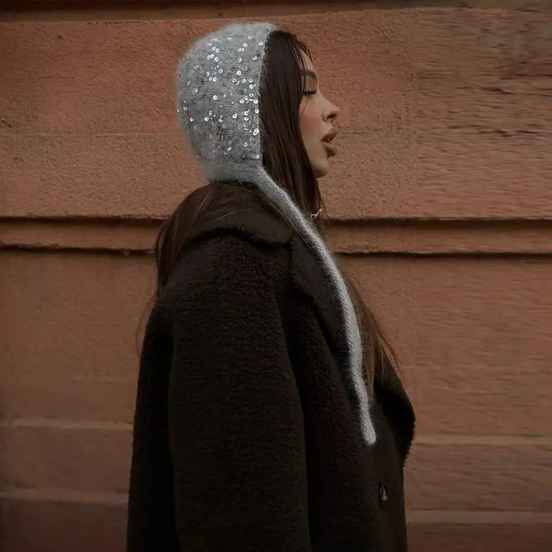 Korean sequin knitted beanie autumn/winter womens street fashion personality cute ear protection warm knitted beanie 241205