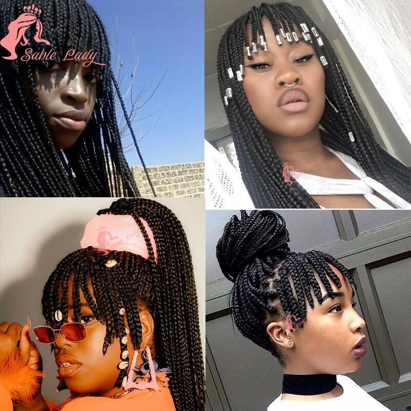 Synthetic Full Box Braided With Bangs For Black Women Lace Front Twisted Knotless Crochet Cornrow Braid Wig