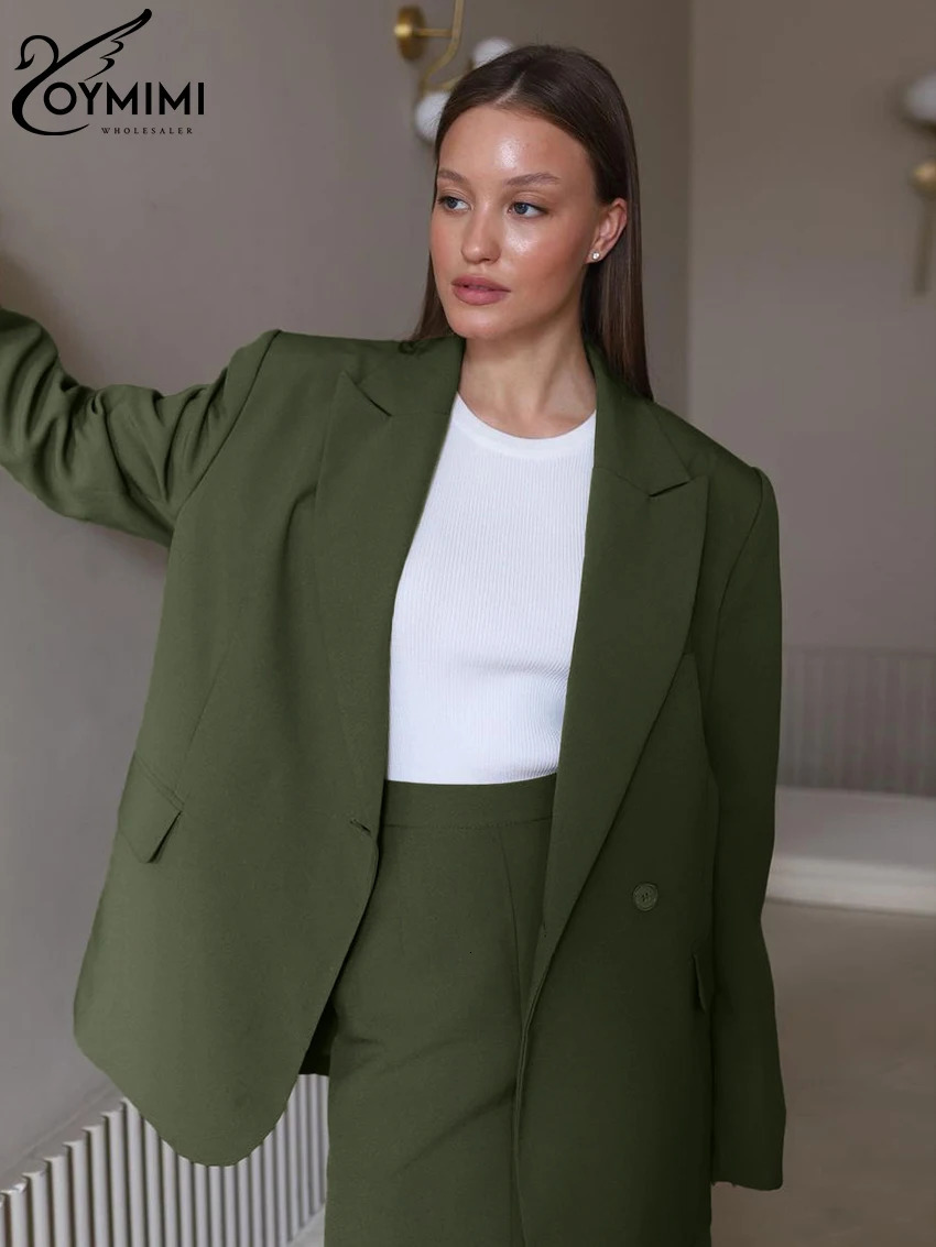 Oymimi Winter Loose Green Office Womens 2 Piece Outfit Set Fashion Long Sleeve Blazer With High Waist Long Skirts Set Female 241204