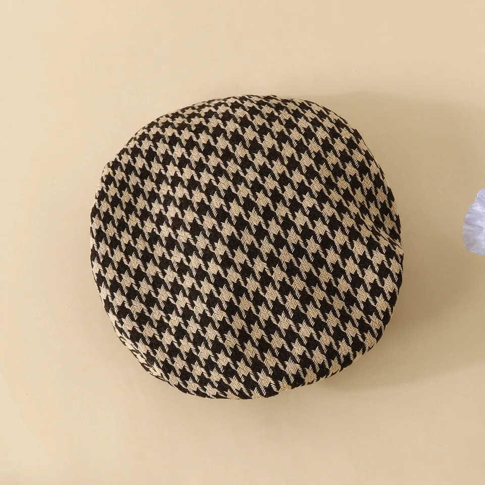 Infant Spring Autumn Long Sleeve Top and Dress Set 6-18months Baby Girl Solid Color Top Houndstooth Half Skirt BeretXJ241205