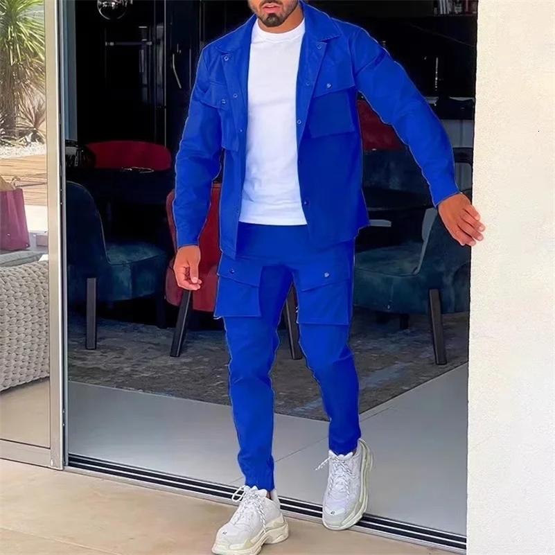 Mens Jacket Cargo Pants Sets with Pocket Spring Fall Solid Casual Tracksuit Button Single Breasted Male Jacket 2 Pieces Suit 241204