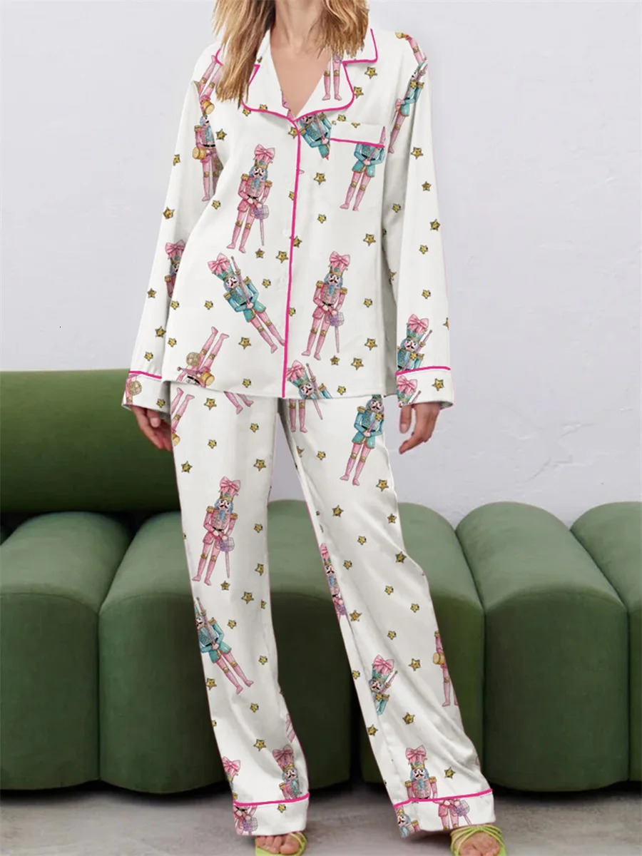 Women Christmas Pajama Set Cute Nutcracker Print Long Sleeve Button Down Shirt Pants Satin Silk PJ Set 2 Piece Jammies 241204
