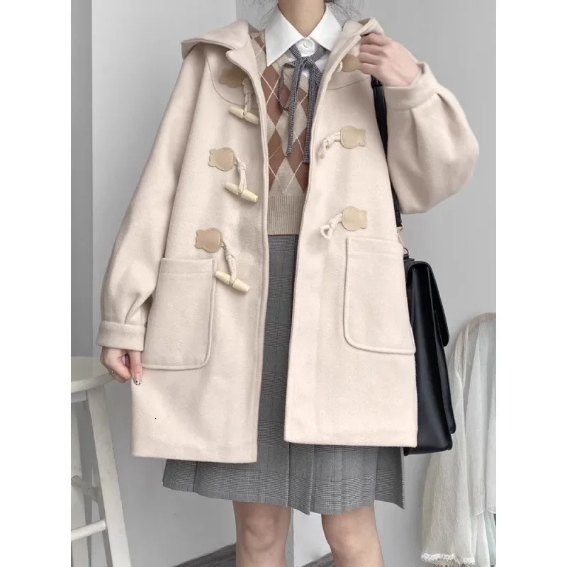 Autumn Winter Hooded Womens Woolen Coat Medium Length Plaid Style With Button Japanese Style College Style For Short People 241204