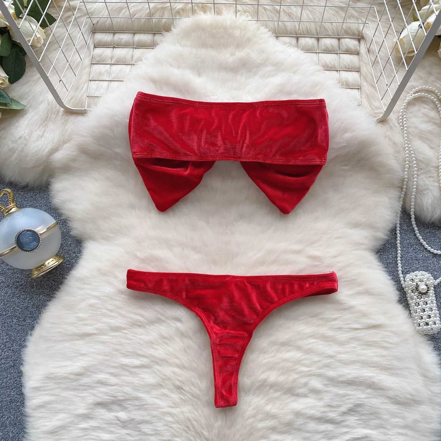 Christmas Erotic Lingerie Suits Ladies Strapless Bodycon Short Sleepwear Fashion Velvet Bow Sensual Underwear SetsXJ241205