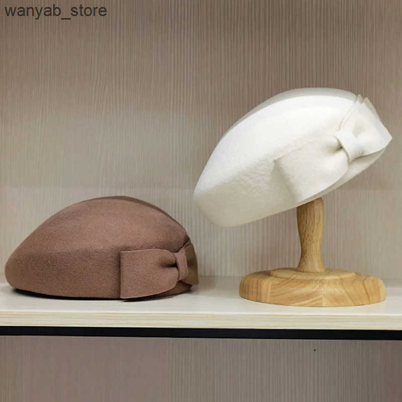 Cloches Retro style womens winter wool hat with bow decoration dress charming beret formal church new tilted L240910 L0910