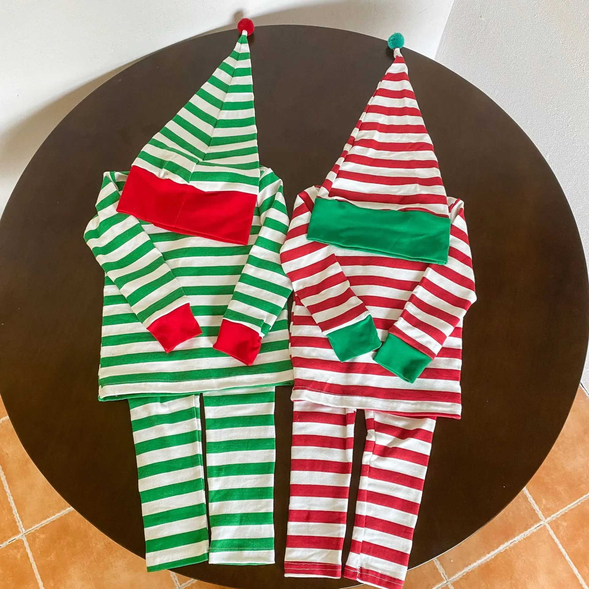 Pajamas Autumn Winter Kids Girls Christmas Thermal Underwear Baby 2PCS Pajamas Set Cotton Striped Children Girls Homewears With Hat H241205