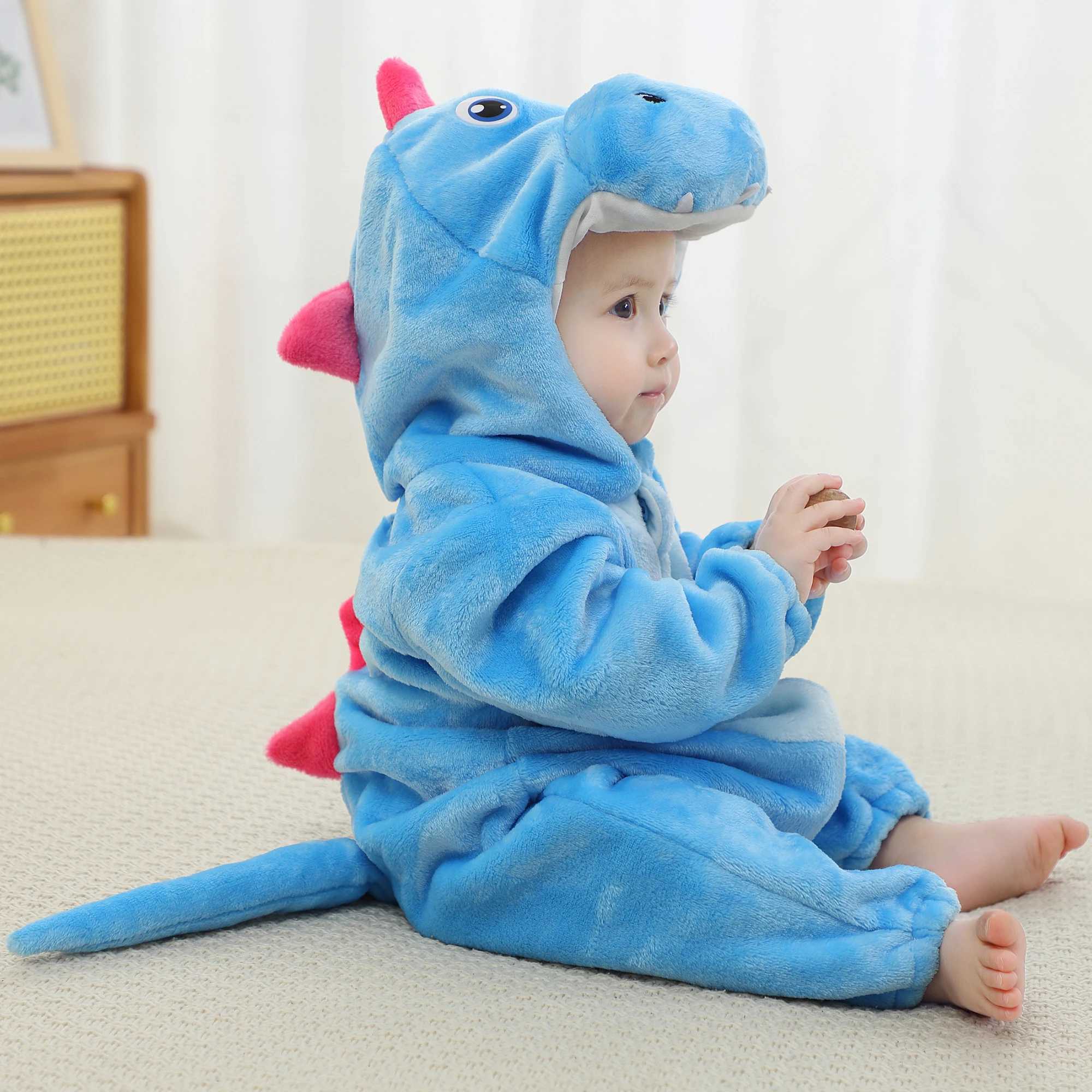 Pajamas Res Dinosaur Kigurumi Rompers for Newborn Kids Winter Baby Clothes Childrens Bodysuit Animal Hooded Jumpsuit Toddler Overalls H241205