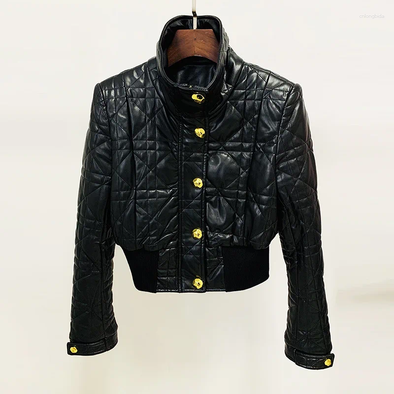 Womens Jackets Classic Gold Buttons Black Leather Jacket Women Motorcycle Lapel Long Sleeves In Outwears Ladies Slim Short Coats