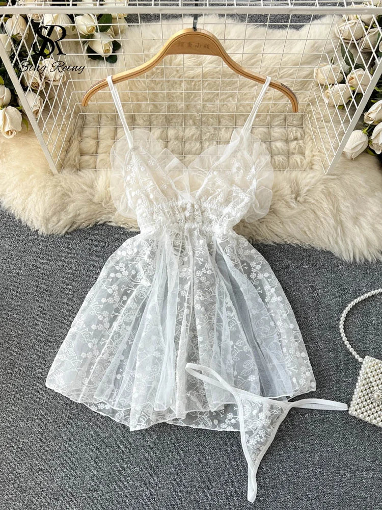 SINGREINY Summer Lace Ruffles Sheer Nightwear Women Sexy Embroidery Camis Slim Pajamas Backless Erotic Sensual Night Dress 241205