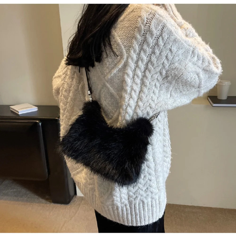 Winter Trend Solid Color Plush Warm Fluffy Horizontal Bag Imitate Fox Hair Shoulder Bag er Handbag 241205