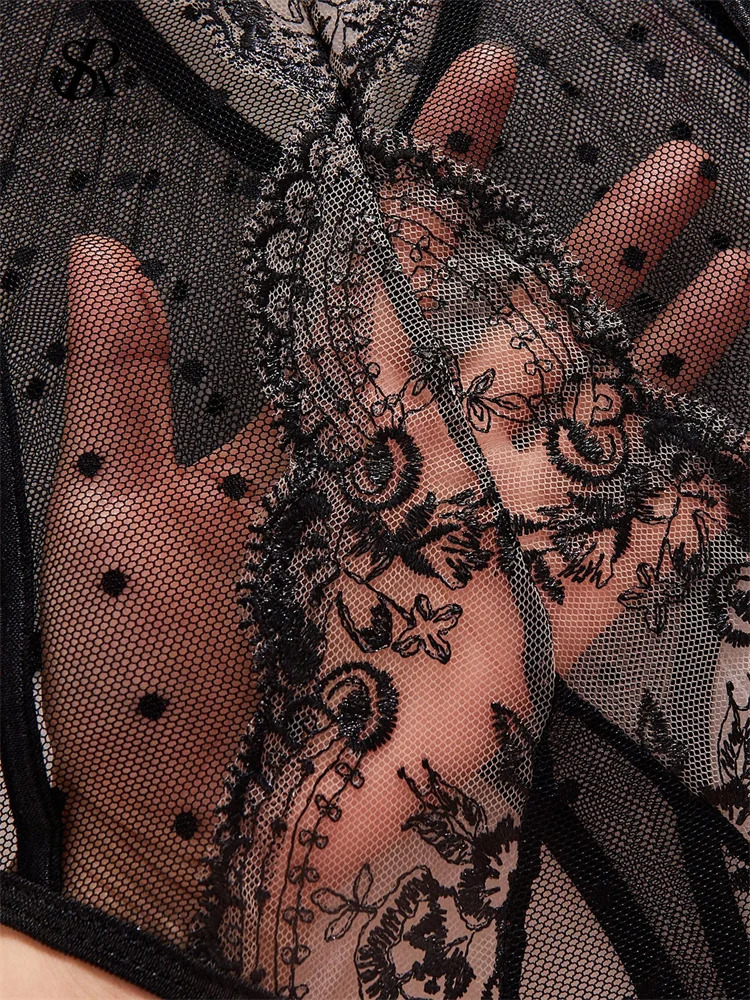 SINGREINY Lace Sheer Patchwork Sexy Bodysuits Embroidery Skinny Club Lingerie Playsuits Women Bow Transparent Erotic Rompers 241205