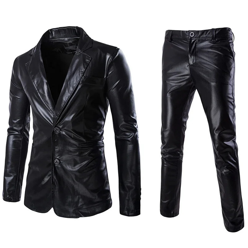Fashion Reflective Fabric Two Piece Autumn Plus Size Shiny Sier Casual Mens Slim Fit Jacket 2-piece Set 241130