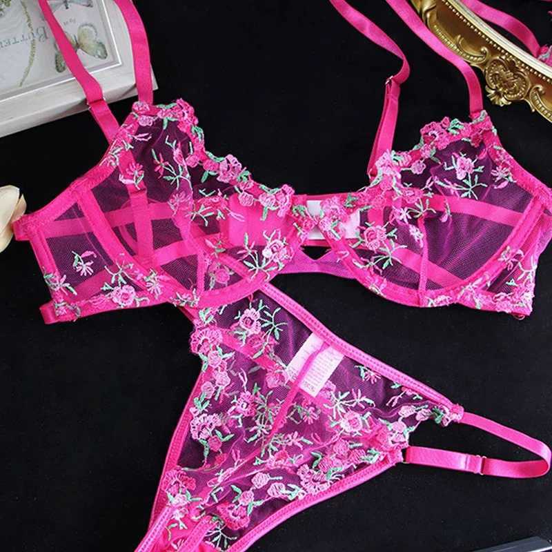 Super beautiful floral embroidery lingerie sweet sexy mesh bra set s girl pure desire underwear femaleXJ241205