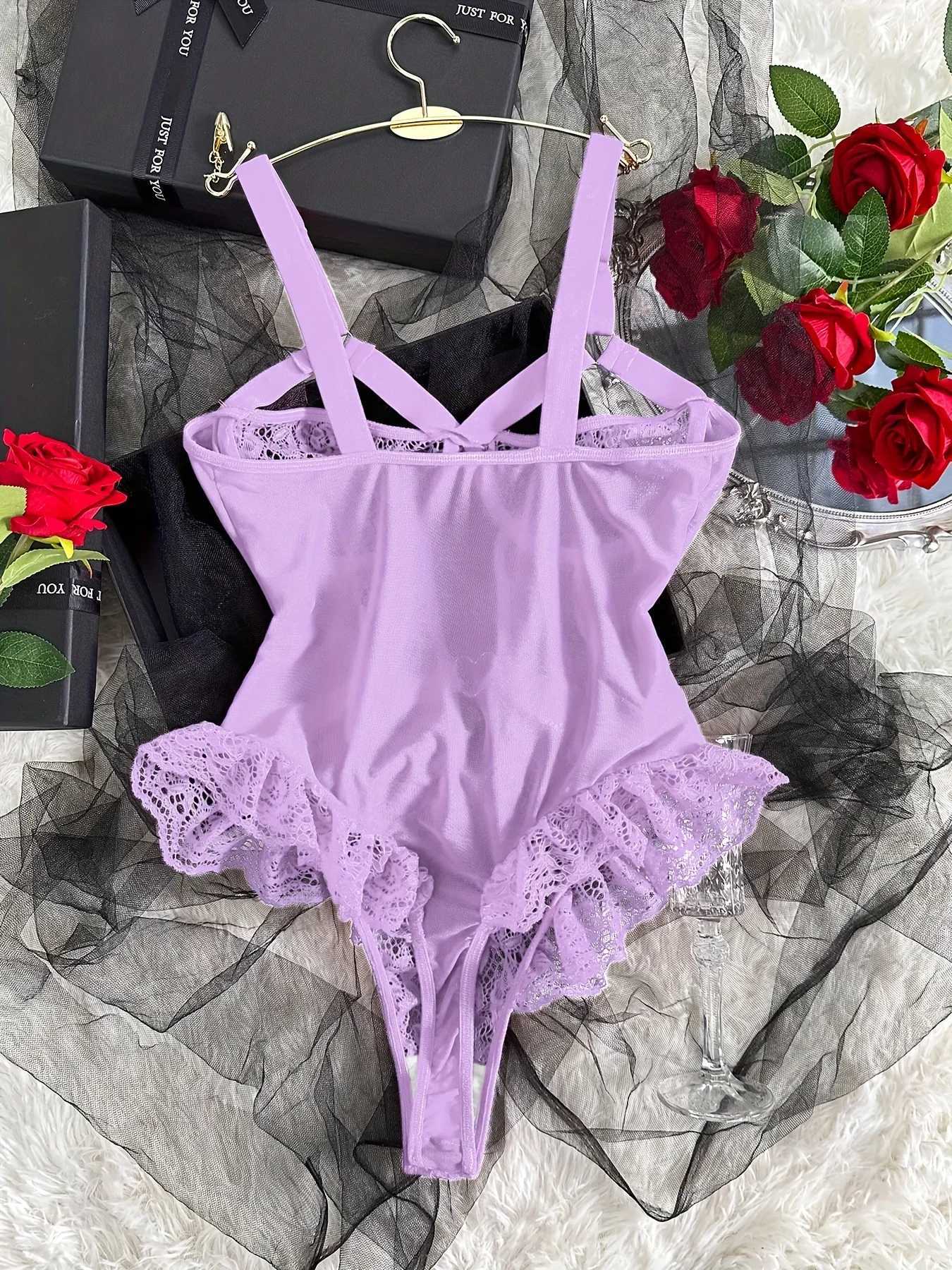 Hot Solid Contrast Lace Semi Sheer Criss Cross Ruffle Trim Hollow Out Backless Garter Belt Thong Bodysuit Womens Sexy LingerieXJ241205