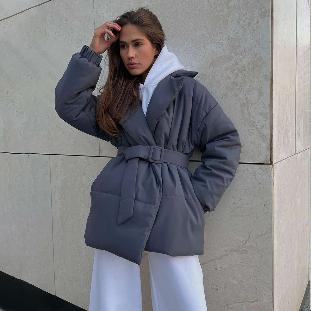 Collar European American winter item, thickened and slimming, waist cinched solid color belt cotton jacket, 2024 new casual fashion trend clothing