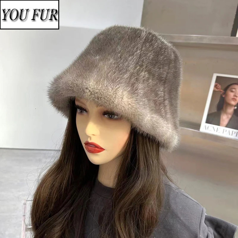 Winter Womens 100% Genuine Mink Bucket Hat Natural Warm Mink Hat Womens Outdoor Fashion Genuine Mink Hat 241205