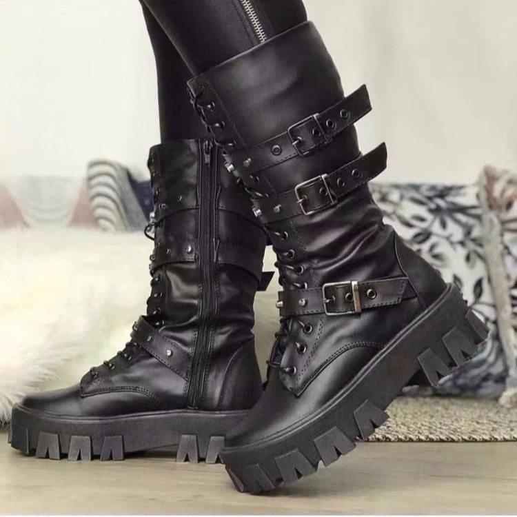 Woman Brand Boots Winter New Pu Leather Platform Fashion Lace Up Punk Gothic Booties New Casual Work Shoes botines mujer 055f nk
