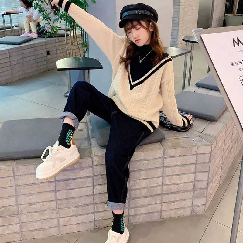 Girls sweater autumn/winter chiffon thick plush childrens knitting 2024 new girl high neck baby clothing 5 10 7 12 years old W241205