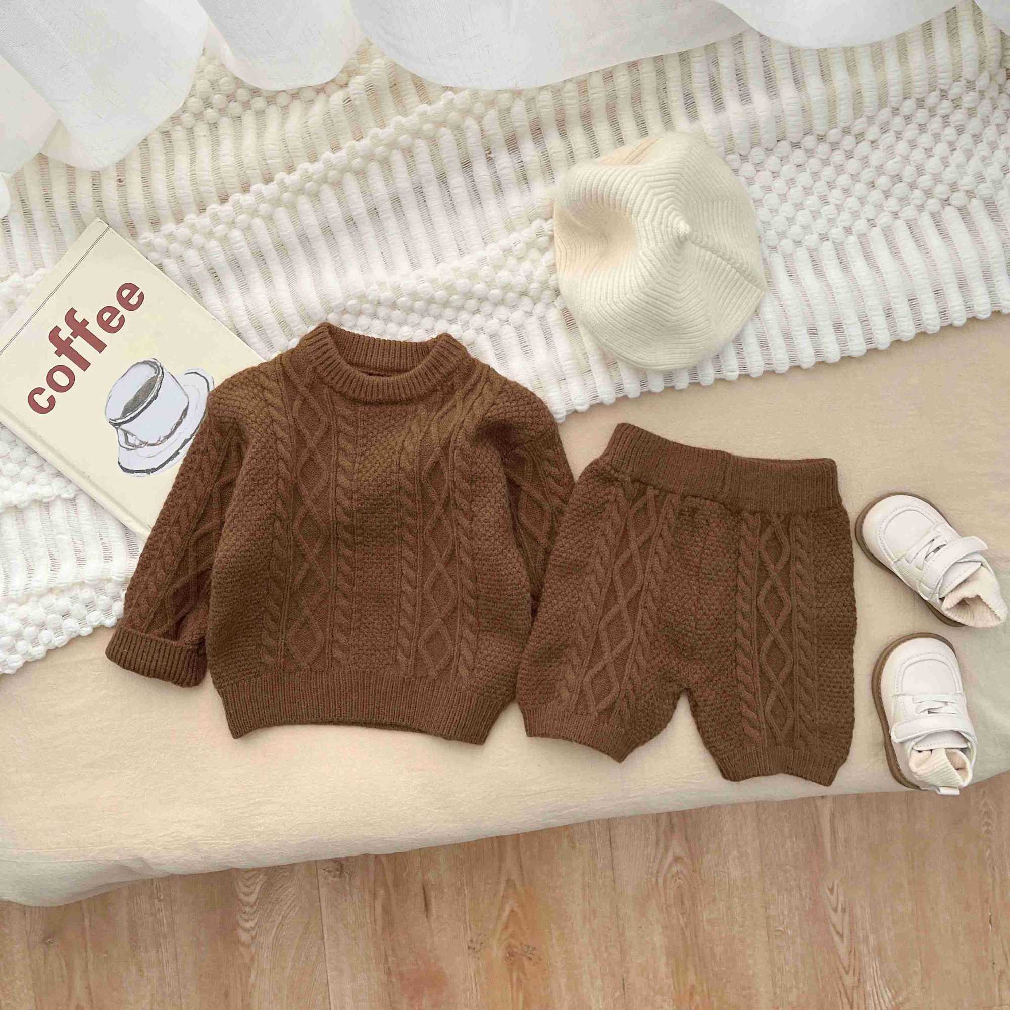 Newborn Baby Girls And Boys Spring And Autumn Cotton Set Knitted Long Sleeved Ribbed Elastic Waist Solid Simple O-neck ClothesXJ241205