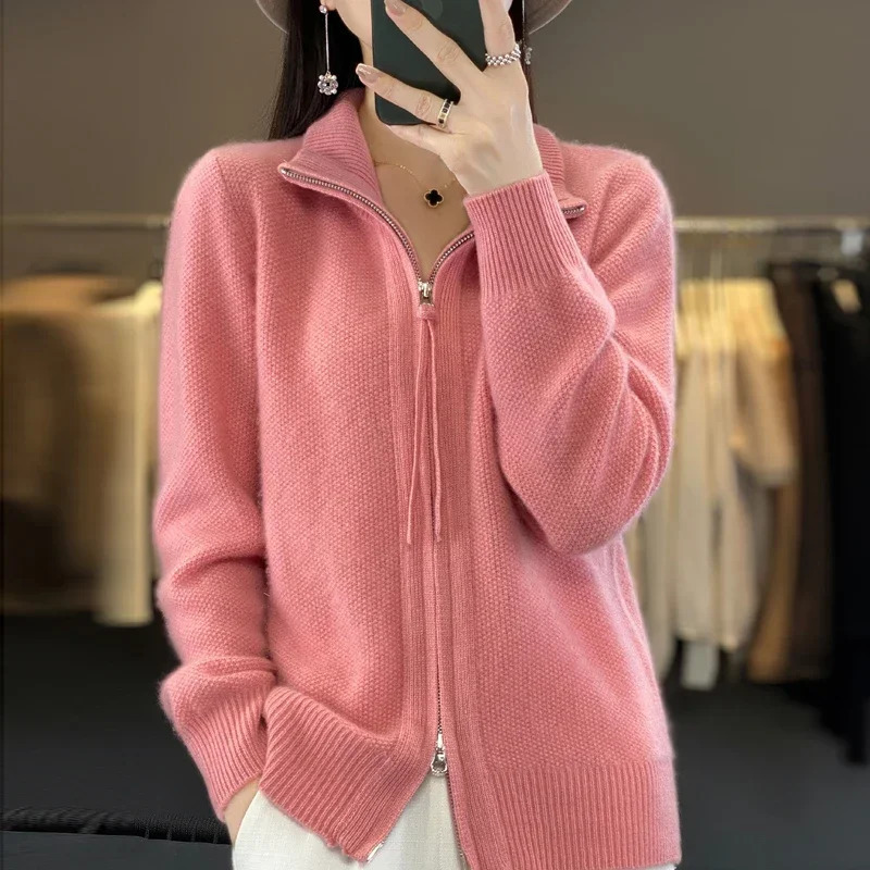 Womens 100% Merino Wool Knitting Sweater Turndown Collar Cardigan AutumnWinter Thick Tops Cashmere Double Zipper Soft Jacket 241204