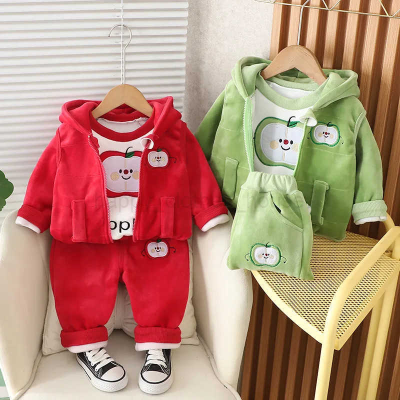 Childrens Autumn Winter Set Velvet Hoodie Boys Girls Top and Pants 3PCS Set Childrens and Toddler Warmth Set 0-4YXJ241205